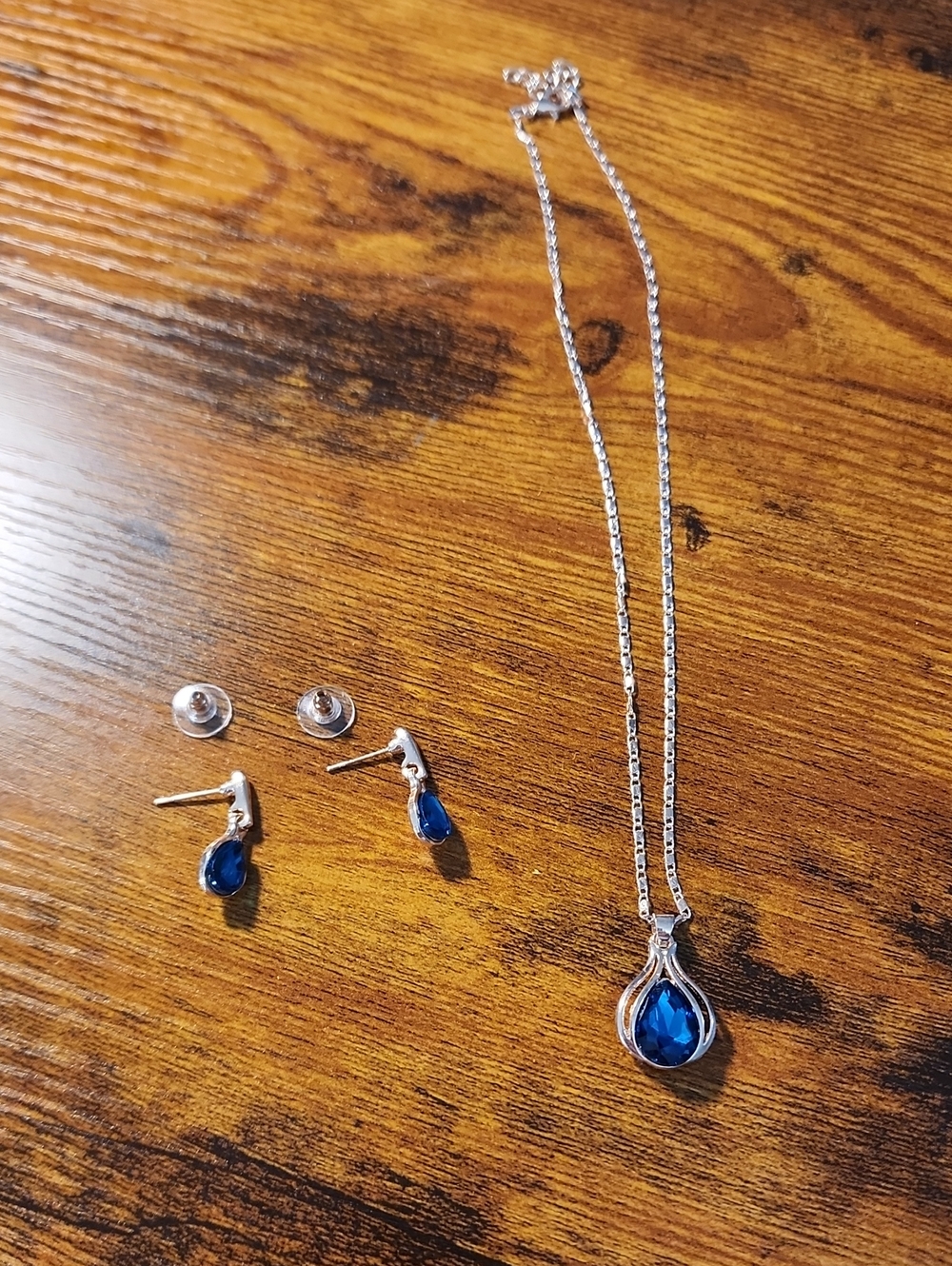 Elegant Royal Blue Water Drop Pendant Rhinestone Necklace And Earring Set Gold